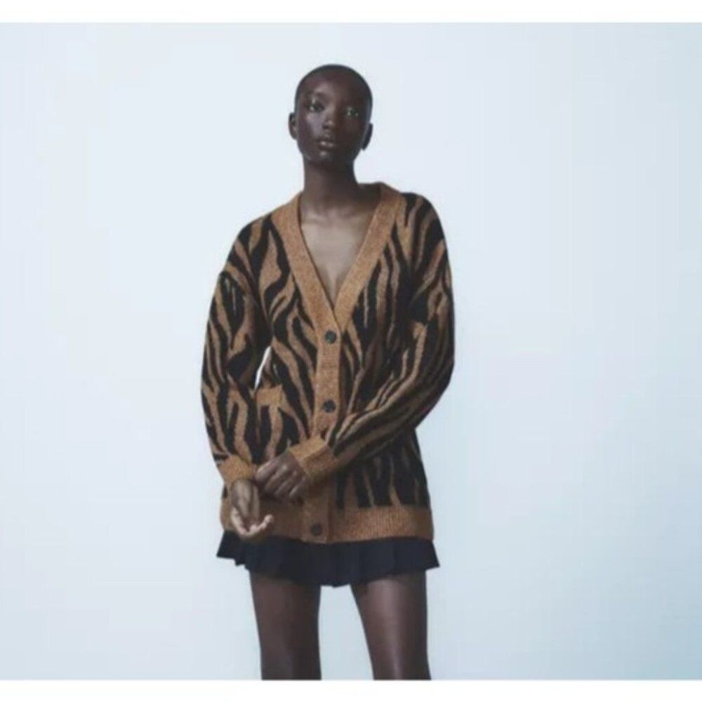 Zara Womens Sweater XL Brown Zebra Jacquard Knit Cardigan Oversized 5755/161 NWT
